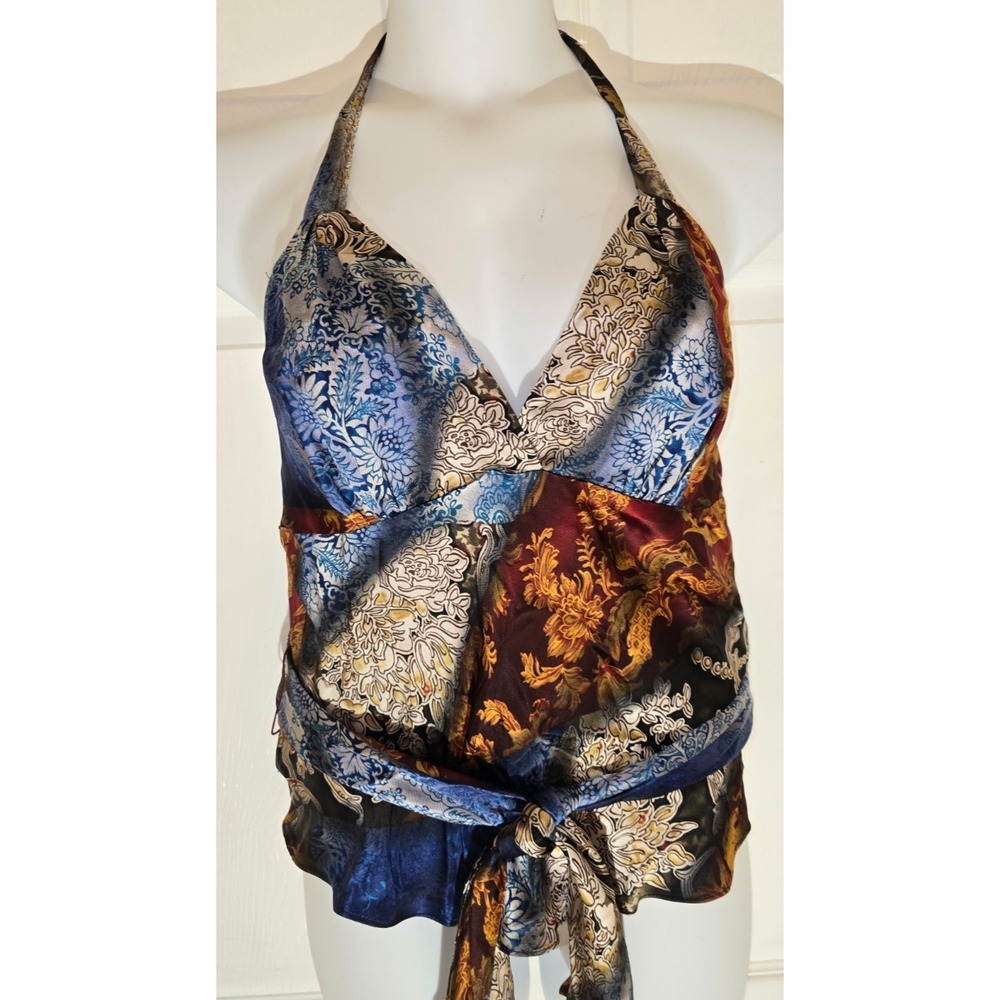 Single Brand Vintage NWT‎ Boho-Chic Floral Patchwork Silk Y2K Halter Blouse Sz M
